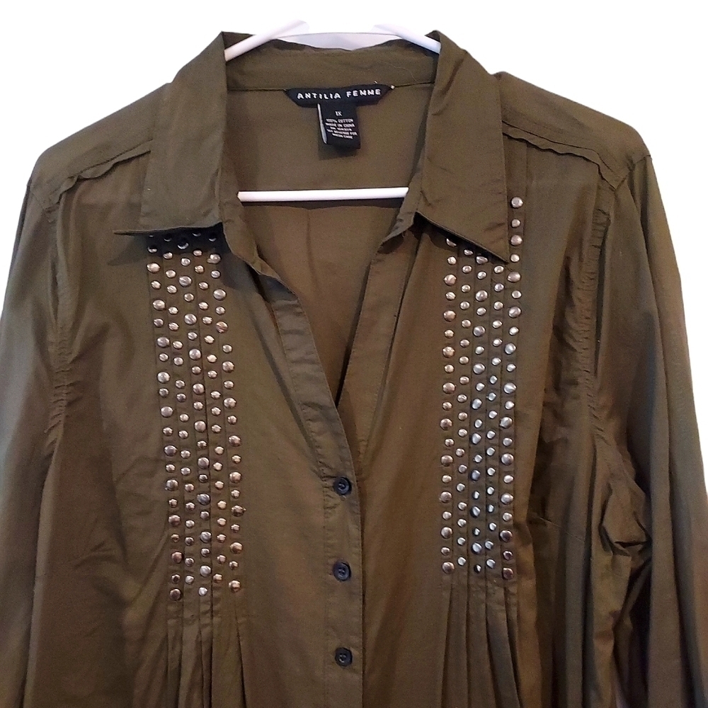 π
ΊANTILIA FEMME olive green LS lightweight button down shirt top sz 1X - Picture 4 of 11